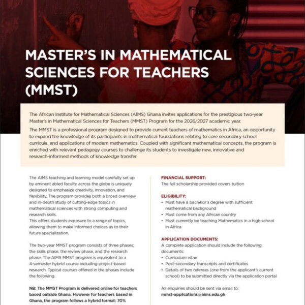 Calling African Teachers: Study Mathematical Sciences on a Fully Funded Scholarship!